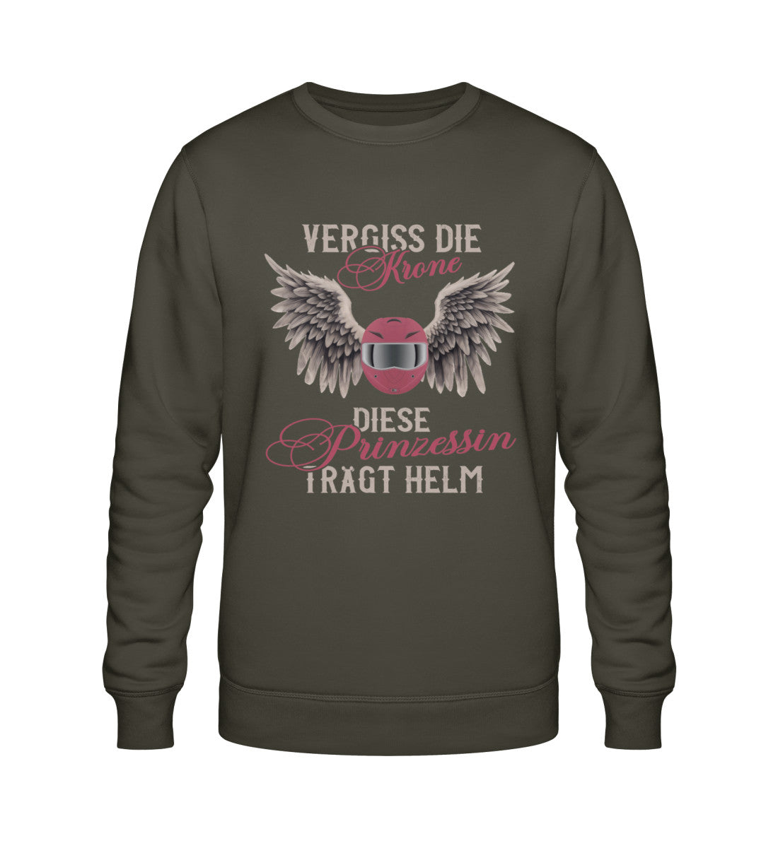 Ein Sweatshirt für Motorradfahrerinnen von Wingbikers mit dem Aufdruck, Vergiss die Krone - Diese Prinzessin trägt Helm, in khaki grün.