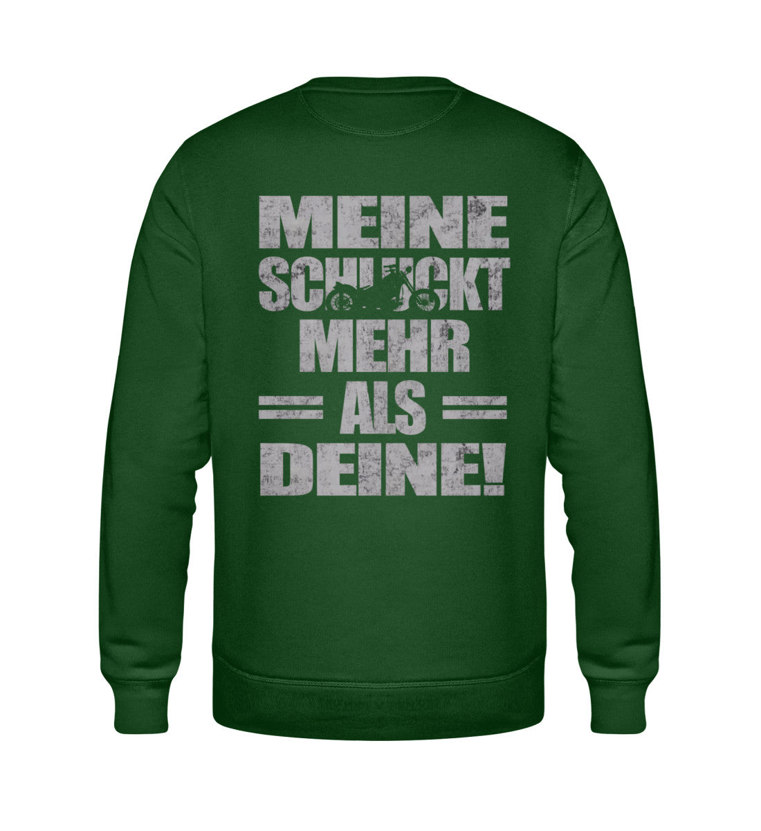 Ein Biker Sweatshirt für Motorradfahrer von Wingbikers mit dem Aufdruck, Meine schluckt mehr als deine! mit einem Motorrad, in dunkelgrün.