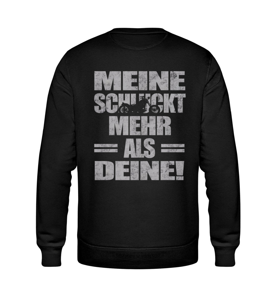Ein Biker Sweatshirt für Motorradfahrer von Wingbikers mit dem Aufdruck, Meine schluckt mehr als deine! mit einem Motorrad, in schwarz.