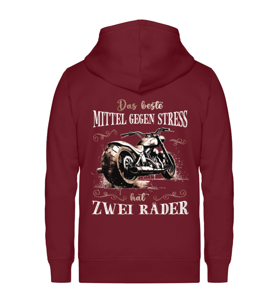 Ein Reißverschluss-Jacke für Motorradfahrende Männer und Frauen von Wingbikers, mit dem Aufdruck, Das beste Mittel gegen Stress hat 2 Räder, in burgunder weinrot.