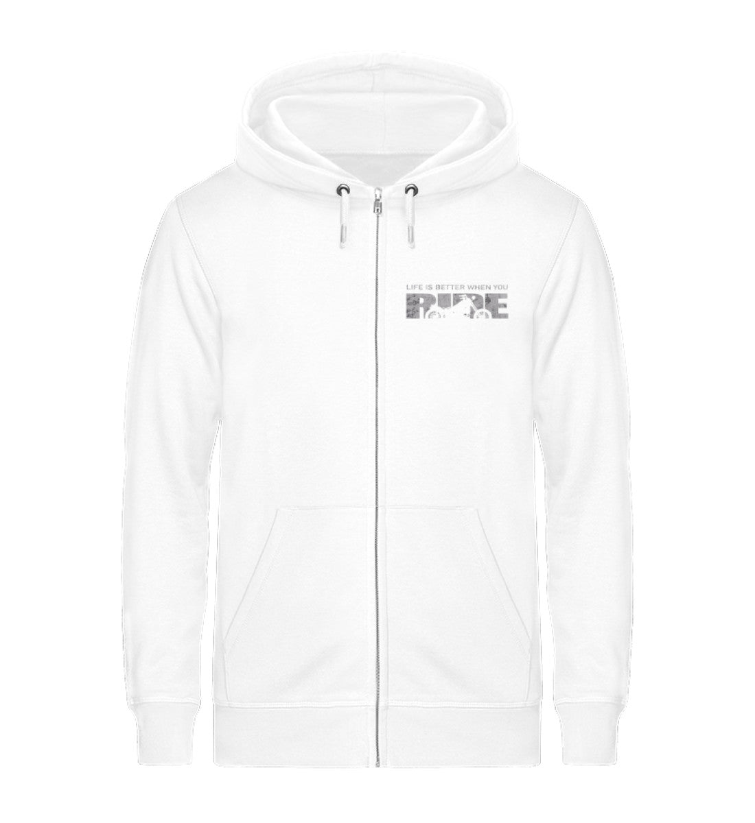 Eine Reißverschluss-Jacke für Motorradfahrer von Wingbikers mit dem Brusttaschenaufdruck, Life Is Better When You Ride - mit einem Motorrad, in weiß.