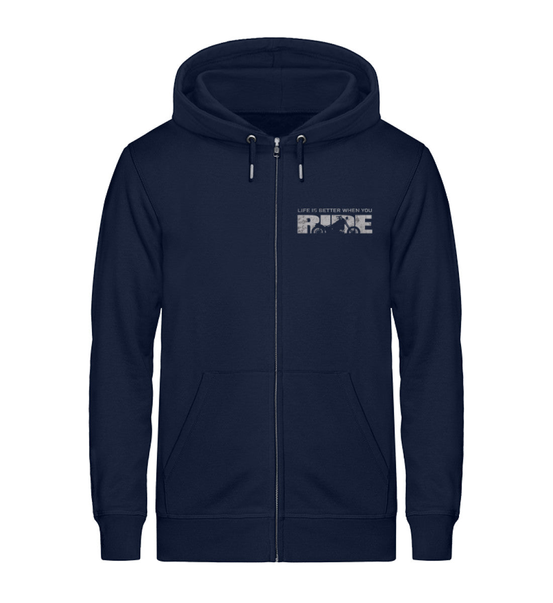 Eine Reißverschluss-Jacke für Motorradfahrer von Wingbikers mit dem Brusttaschenaufdruck, Life Is Better When You Ride - mit einem Motorrad, in navy blau.