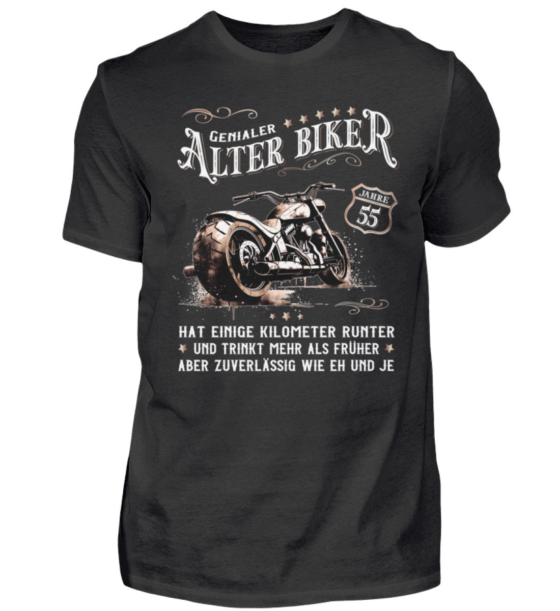 Ein Biker T-Shirt zum Geburtstag für Motorradfahrer von Wingbikers mit dem Aufdruck, Alter Biker - 55 Jahre - Einige Kilometer runter, trinkt mehr - aber zuverlässig wie eh und je - in schwarz.