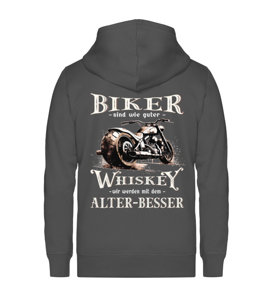Biker Zip-Hoodie mit einem vintage Aufdruck, Biker sind wie gute Whiskey - wir werden mit dem Alter besser mit Back Print in dunkelgrau.