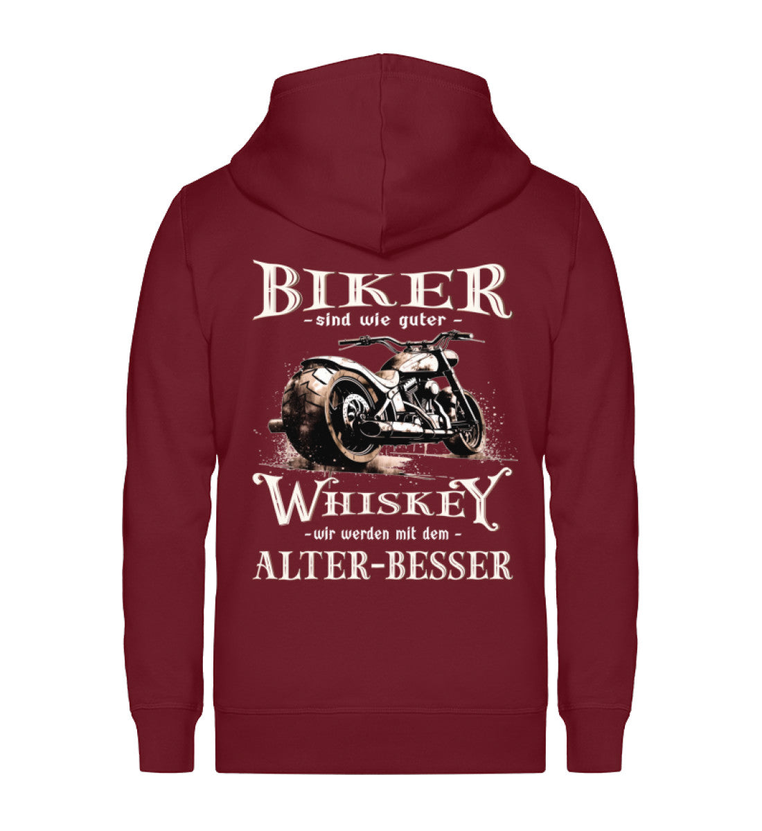 Biker Zip-Hoodie mit einem vintage Aufdruck, Biker sind wie gute Whiskey - wir werden mit dem Alter besser mit Back Print in weinrot.