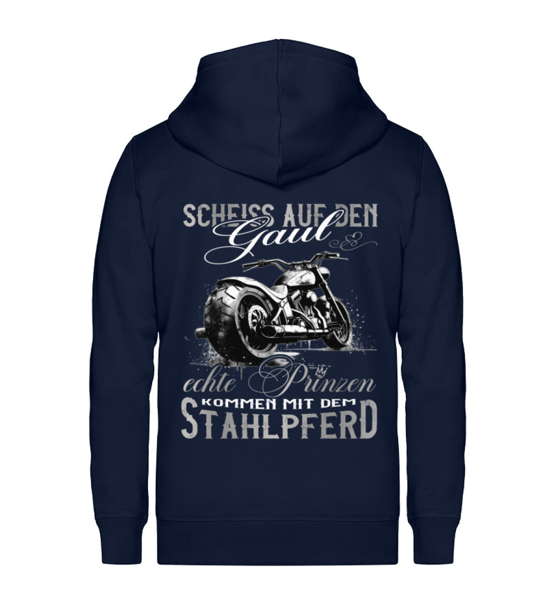 Ein Bikerin Zip-Hoodie für Motorradfahrerinnen von Wingbikers mit dem Aufdruck, Scheiß auf den Gaul, echte Prinzen kommen mit dem Stahlpferd - in navy blau.