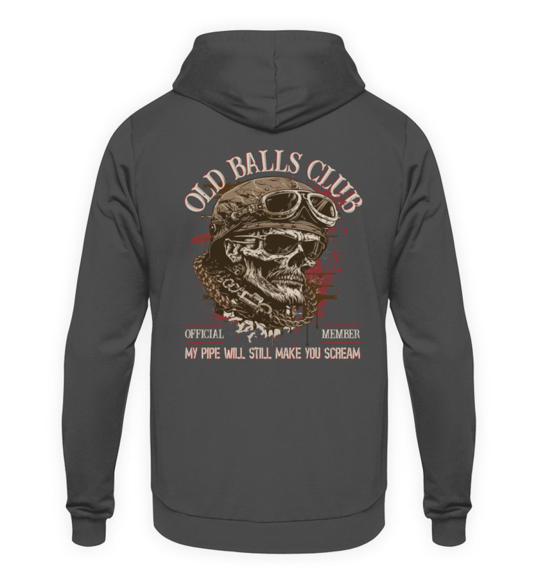 Ein Biker Hoodie für Motorradfahrer von Wingbikers mit dem Aufdruck, Old Balls Club - My Pipe Will Still Make You Scream, als Back Print, in dunkelgrau.