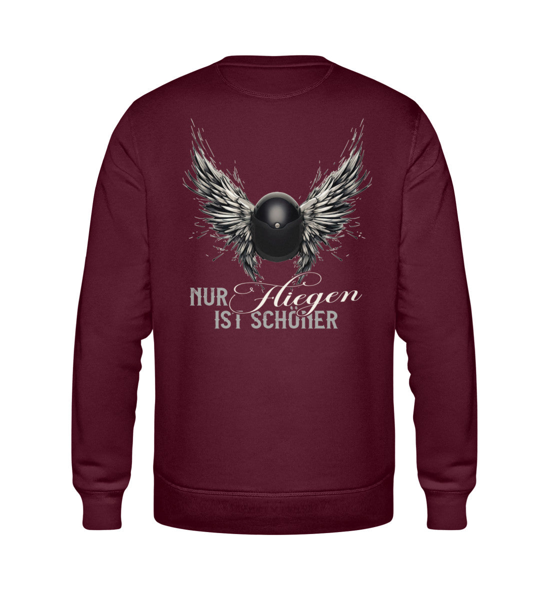 Ein Bikerin Sweatshirt für Motorradfahrerinnen von Wingbikers mit dem Aufdruck, Nur fliegen ist schöner mit Flügeln, als Back Print, in burgunder weinrot.