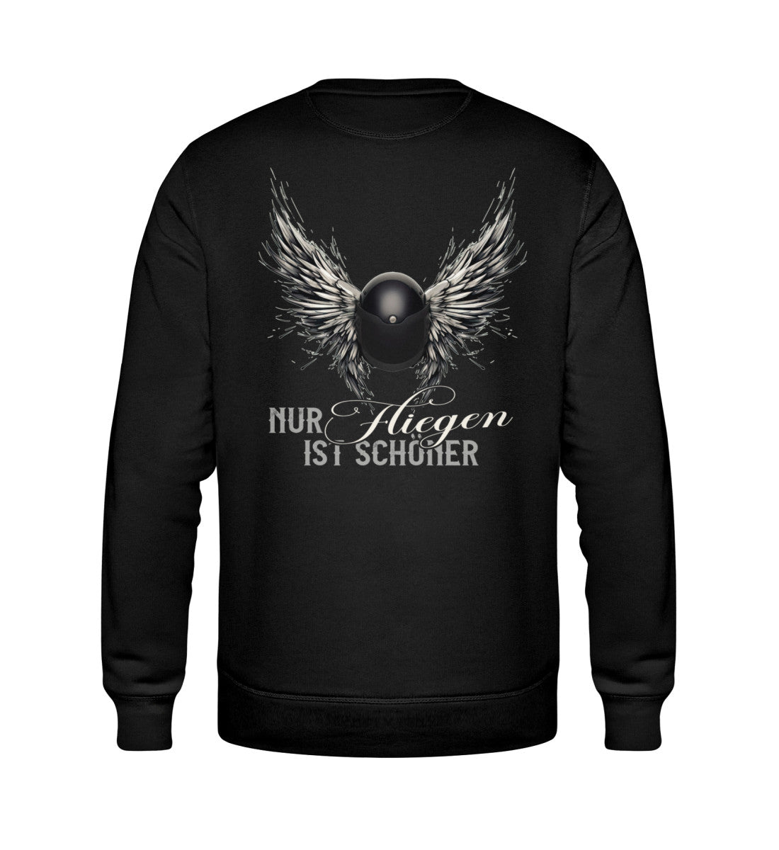 Ein Bikerin Sweatshirt für Motorradfahrerinnen von Wingbikers mit dem Aufdruck, Nur fliegen ist schöner mit Flügeln, als Back Print, in schwarz.