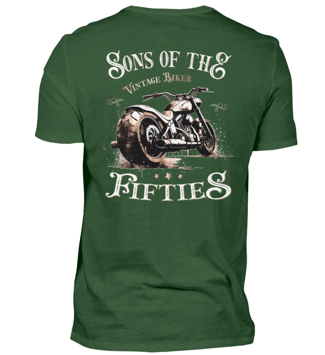 Ein T-Shirt für Motorradfahrer von Wingbikers mit dem Aufdruck, Sons of the Fifties - Vintage Biker, in dunkelgrün.