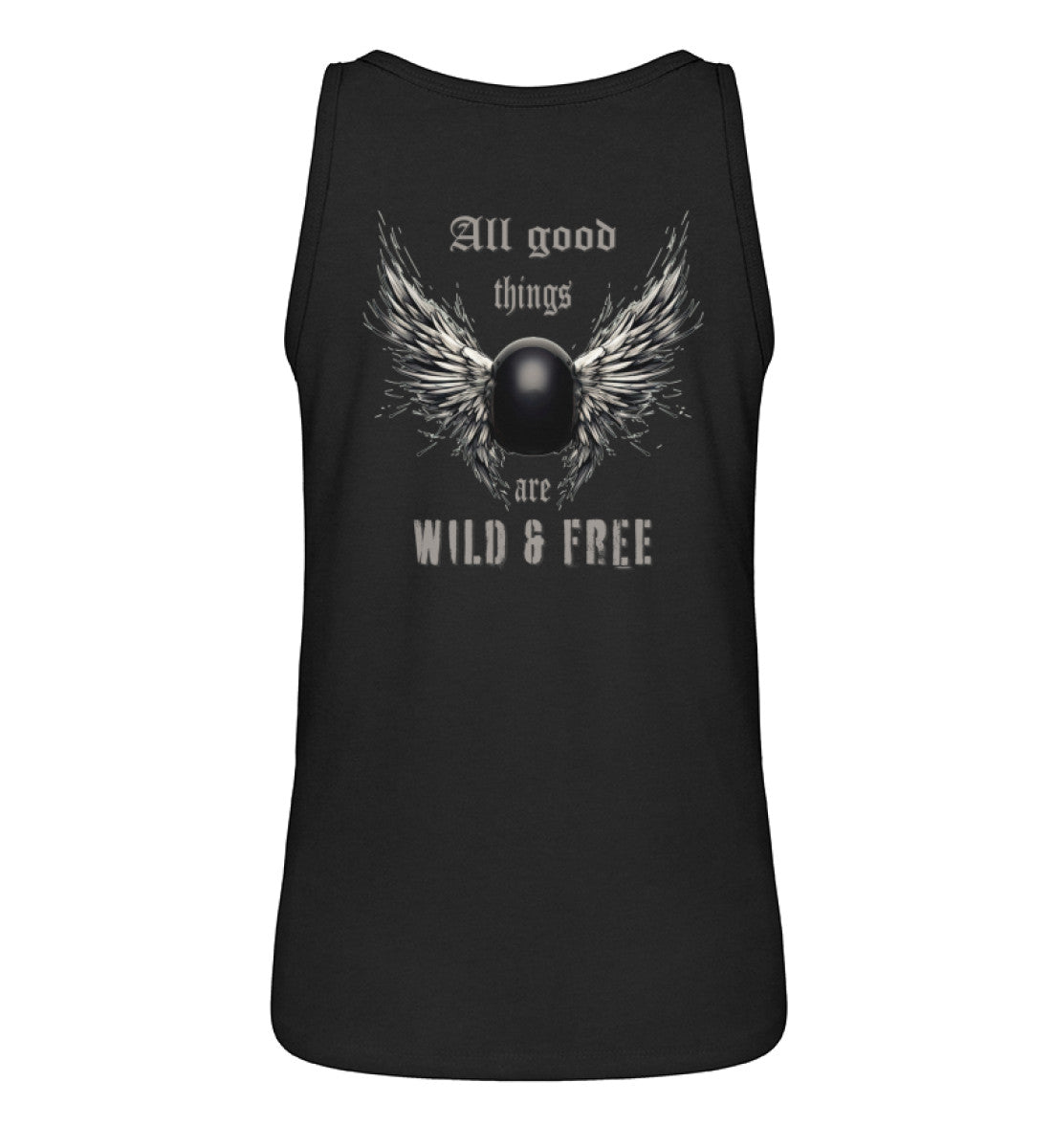 Ein Tanktop für Motorradfahrerinnen von Wingbikers mit dem Aufdruck, All good things are wild & free - mit Back Print, in schwarz.