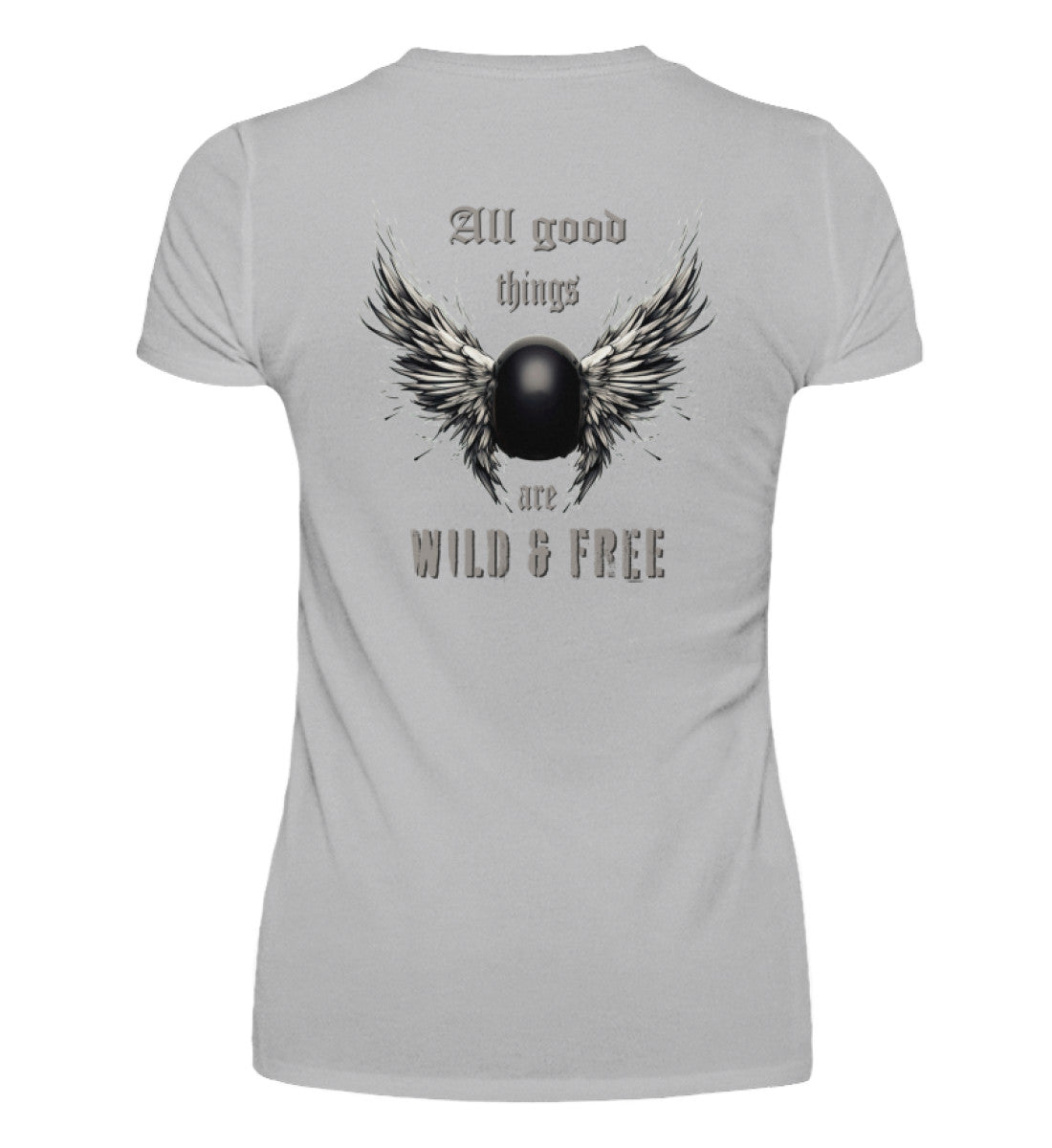 Ein T-Shirt mit V-Ausschnitt für Motorradfahrerinnen von Wingbikers mit dem Aufdruck, All good things are wild & free - mit Back Print, in grau.