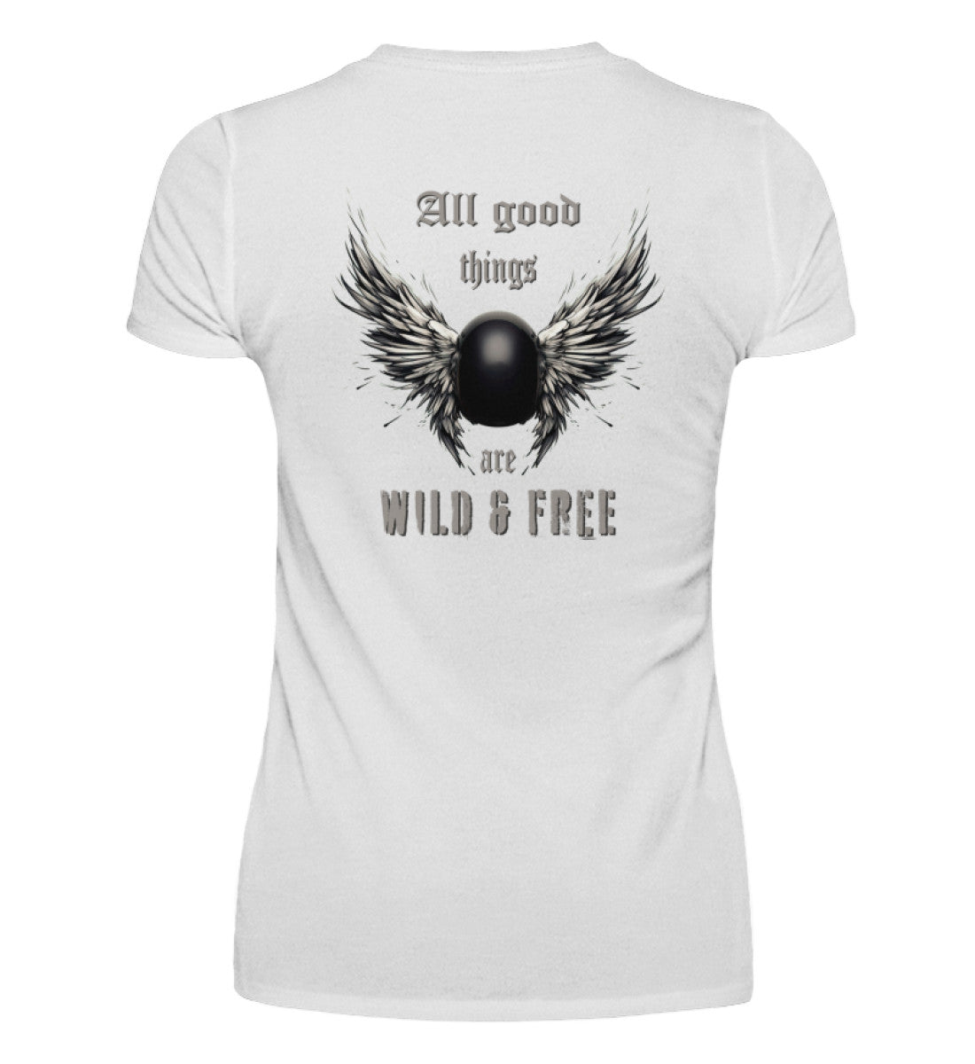 Ein T-Shirt mit V-Ausschnitt für Motorradfahrerinnen von Wingbikers mit dem Aufdruck, All good things are wild & free - mit Back Print, in weiß.