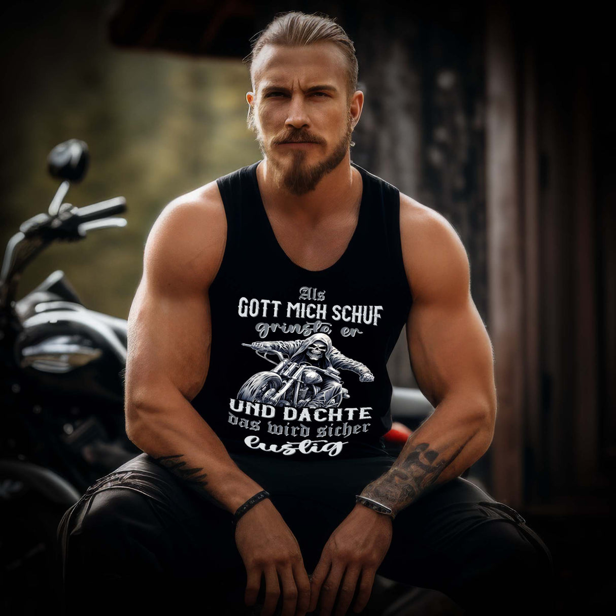 Ein Biker mit einem Tanktop für Motorradfahrer von Wingbikers mit dem Aufdruck, Als Gott mich schuf grinste er und dachte, das wird sicher lustig! - in schwarz.