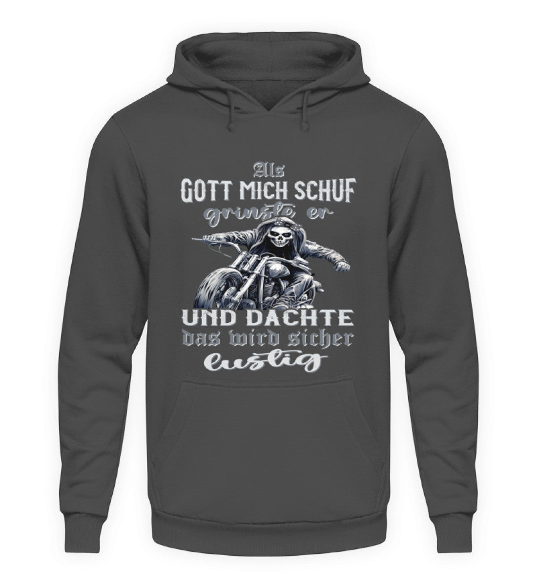 Ein Hoodie für Motorradfahrerinnen von Wingbikers mit dem Aufdruck, Als Gott mich schuf grinste er und dachte, das wird sicher lustig - in grau.