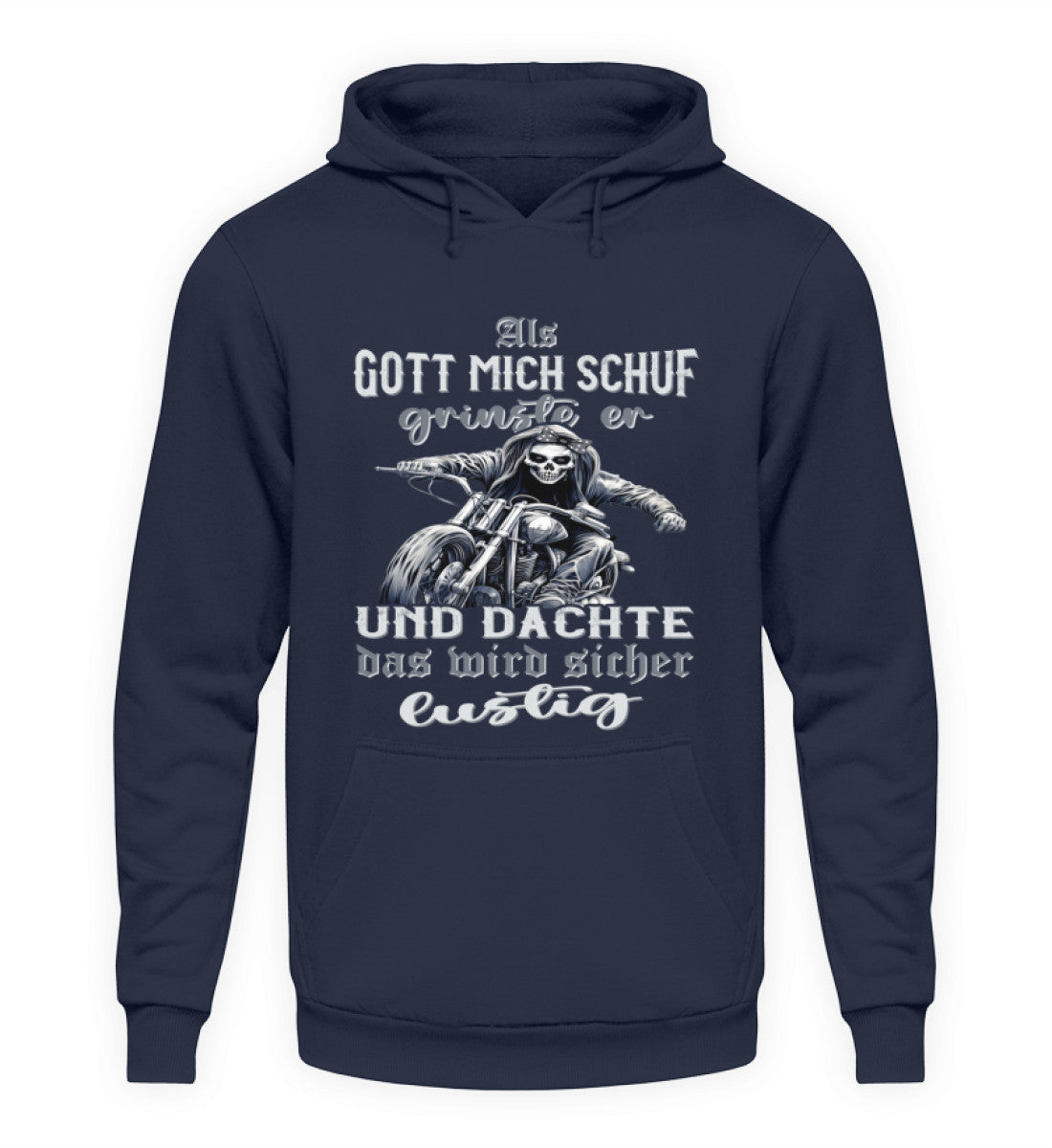 Ein Hoodie für Motorradfahrerinnen von Wingbikers mit dem Aufdruck, Als Gott mich schuf grinste er und dachte, das wird sicher lustig - in navy.