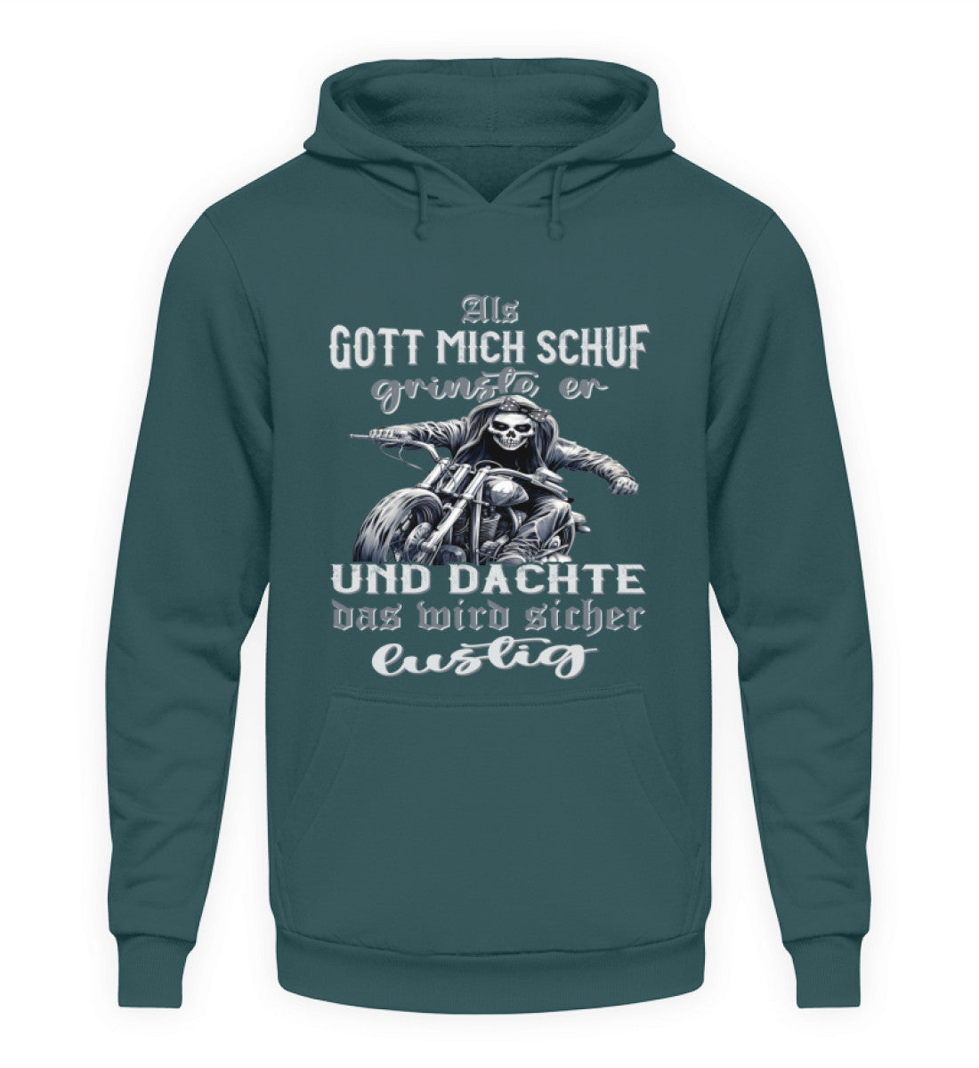 Ein Hoodie für Motorradfahrerinnen von Wingbikers mit dem Aufdruck, Als Gott mich schuf grinste er und dachte, das wird sicher lustig - in türkis.