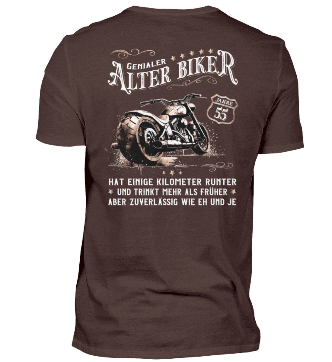 Ein Biker T-Shirt zum Geburtstag für Motorradfahrer von Wingbikers mit dem Aufdruck, Alter Biker - 55 Jahre - Einige Kilometer runter, trinkt mehr - aber zuverlässig wie eh und je - mit Back Print, in braun.