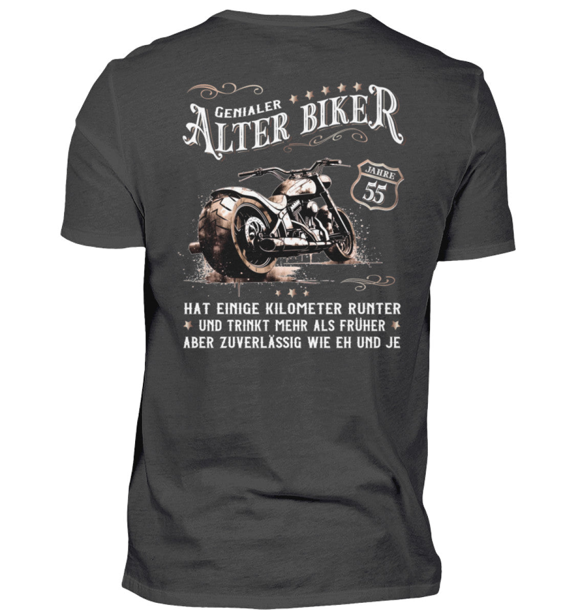 Ein Biker T-Shirt zum Geburtstag für Motorradfahrer von Wingbikers mit dem Aufdruck, Alter Biker - 55 Jahre - Einige Kilometer runter, trinkt mehr - aber zuverlässig wie eh und je - mit Back Print, in graphite.