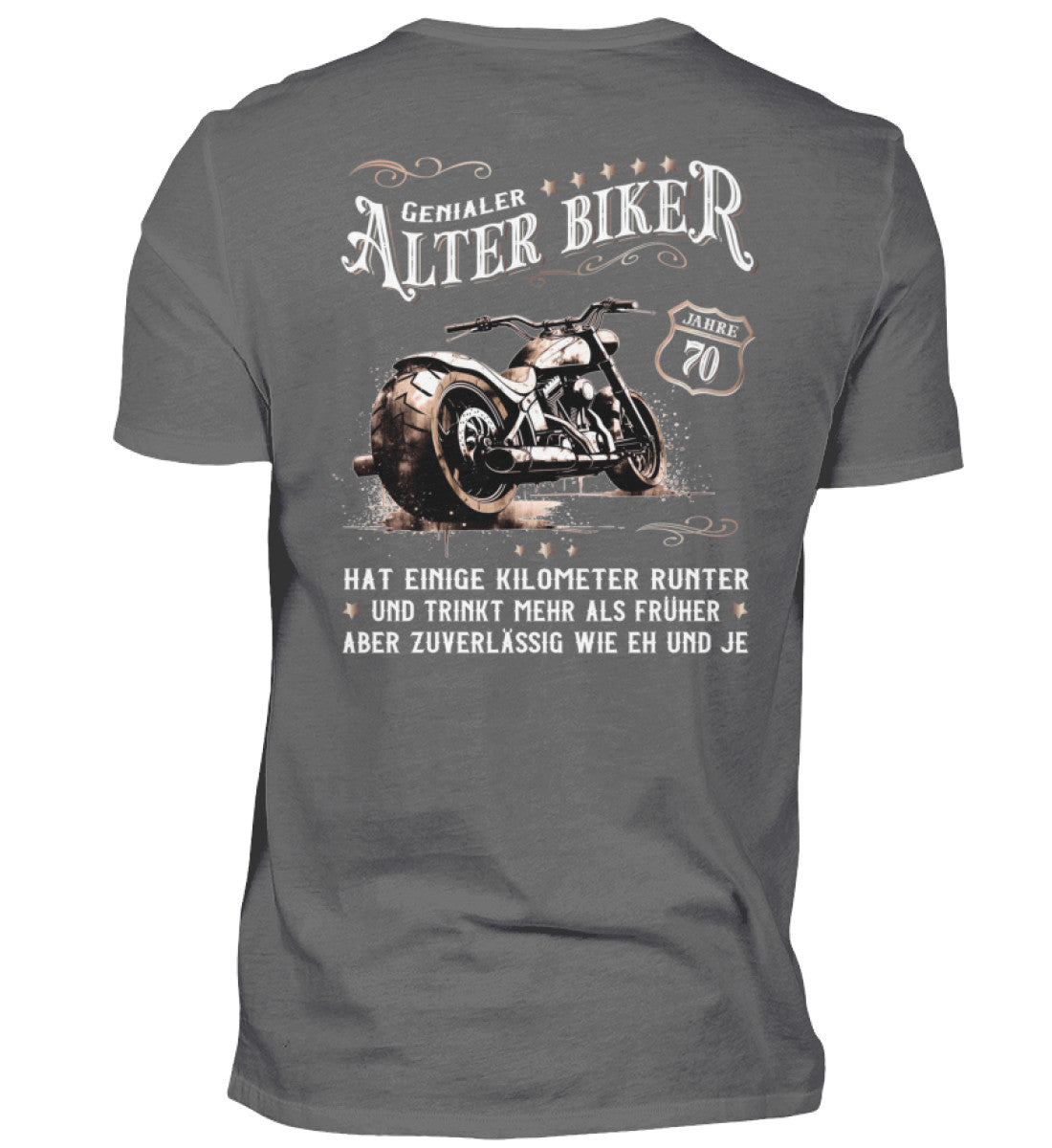 Ein Biker T-Shirt zum Geburtstag für Motorradfahrer von Wingbikers mit dem Aufdruck, Alter Biker - 70 Jahre - Einige Kilometer runter, trinkt mehr - aber zuverlässig wie eh und je - mit Back Print, in grau.