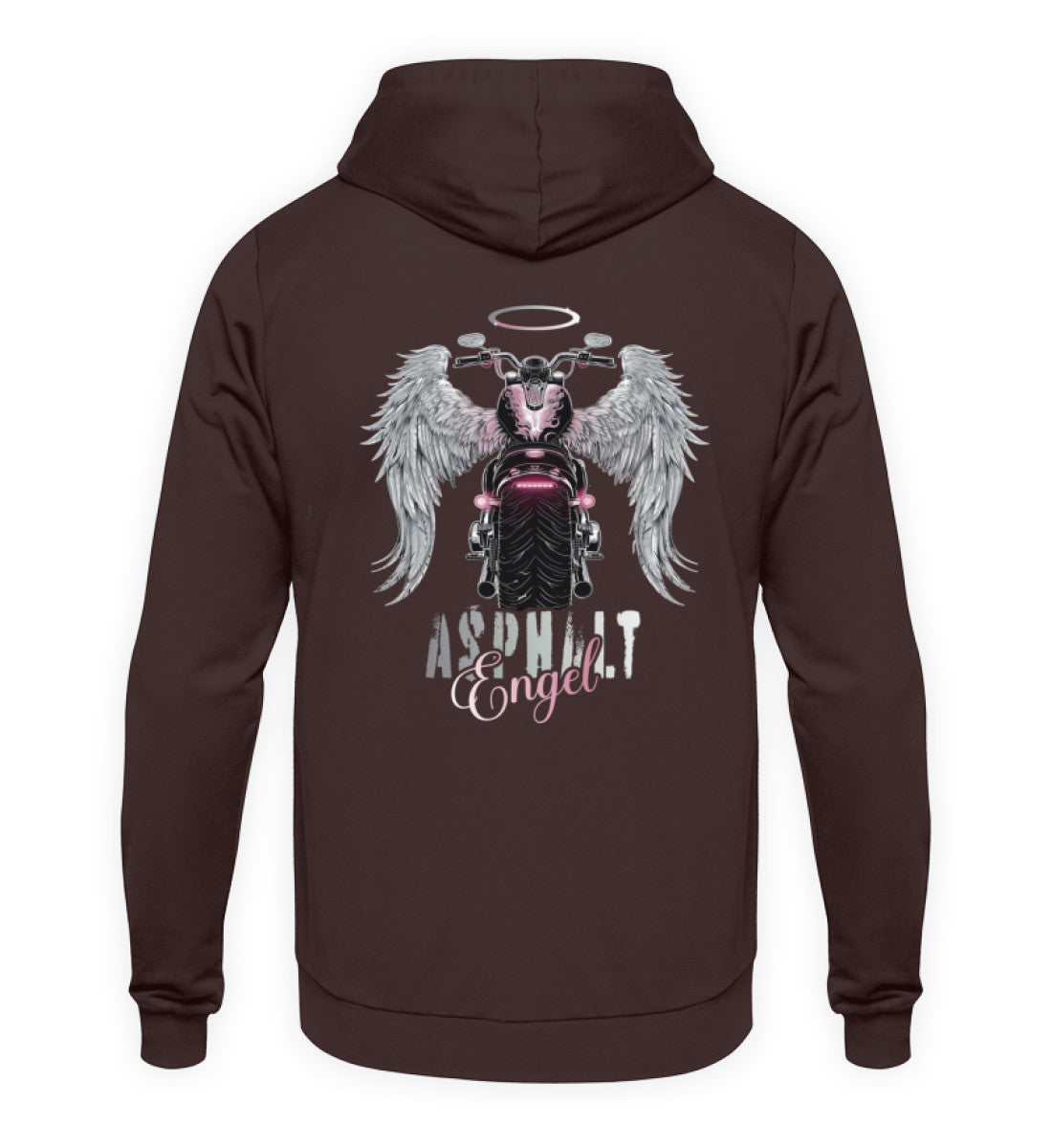 Ein Hoodie für Motorradfahrerinnen von Wingbikers mit dem Aufdruck, Asphalt Engel - mit Flügeln, als Back Print - in braun.