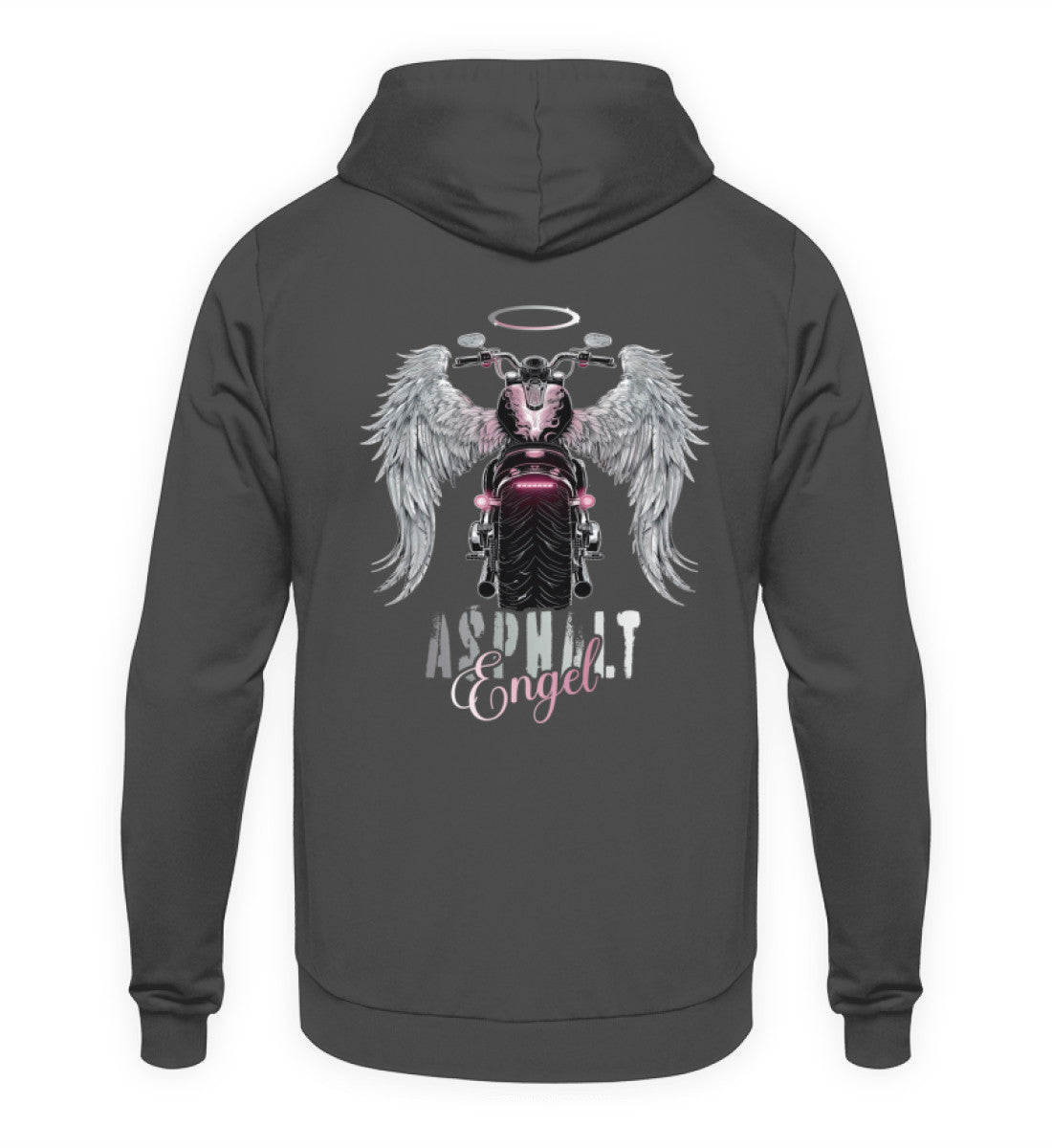 Ein Hoodie für Motorradfahrerinnen von Wingbikers mit dem Aufdruck, Asphalt Engel - mit Flügeln, als Back Print - in dunkelgrau.