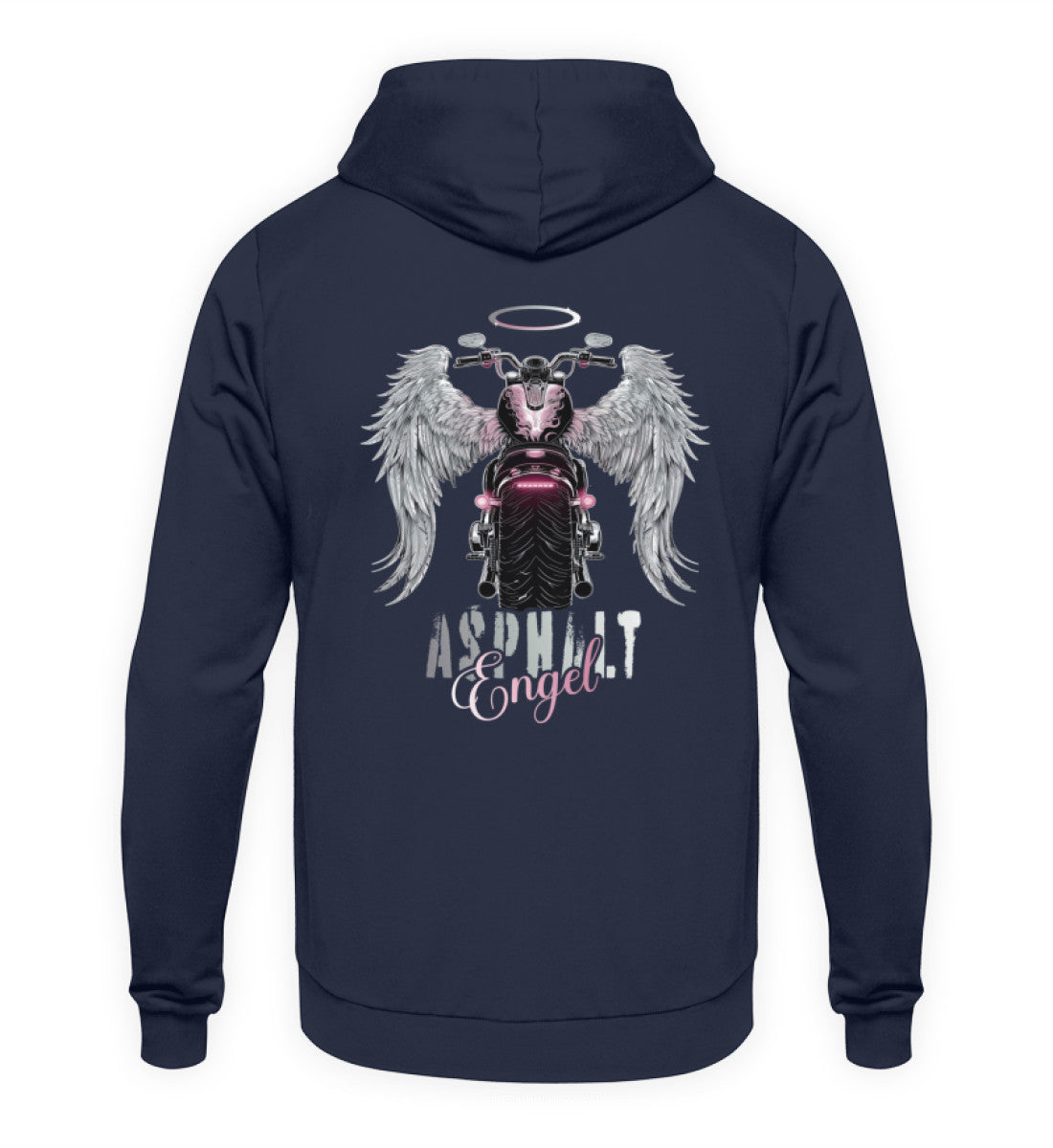 Ein Hoodie für Motorradfahrerinnen von Wingbikers mit dem Aufdruck, Asphalt Engel - mit Flügeln, als Back Print - in navy.