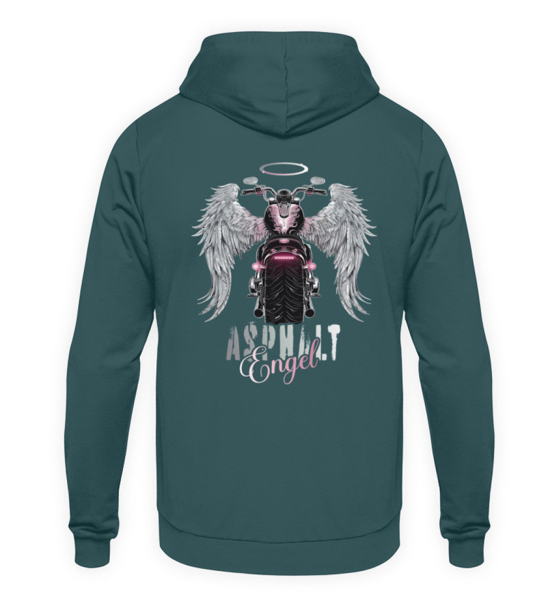 Ein Hoodie für Motorradfahrerinnen von Wingbikers mit dem Aufdruck, Asphalt Engel - mit Flügeln, als Back Print - in petrol.