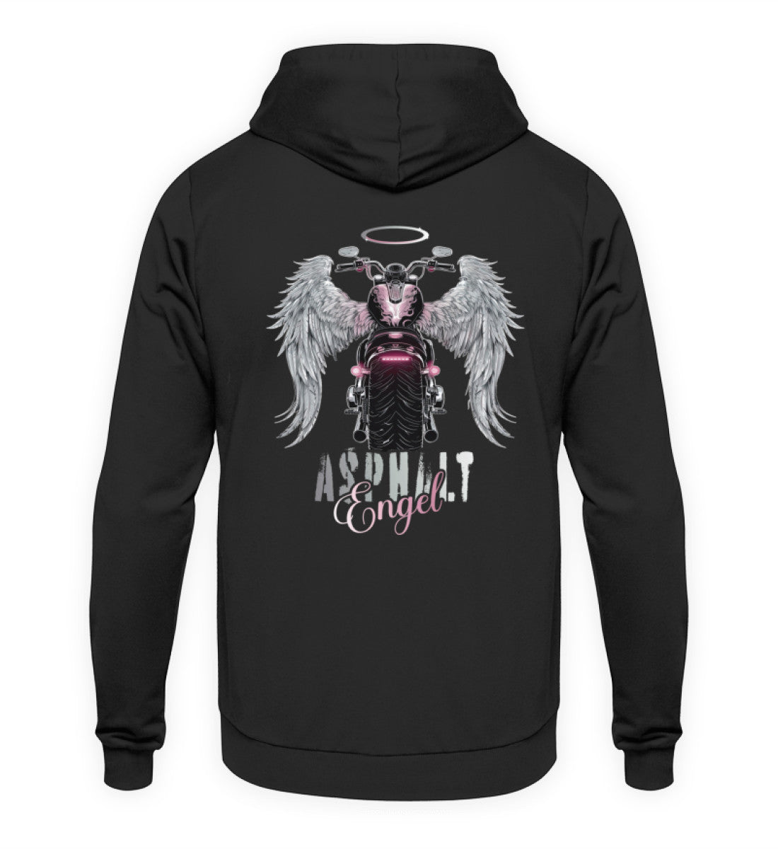 Ein Hoodie für Motorradfahrerinnen von Wingbikers mit dem Aufdruck, Asphalt Engel - mit Flügeln, als Back Print - in schwarz.