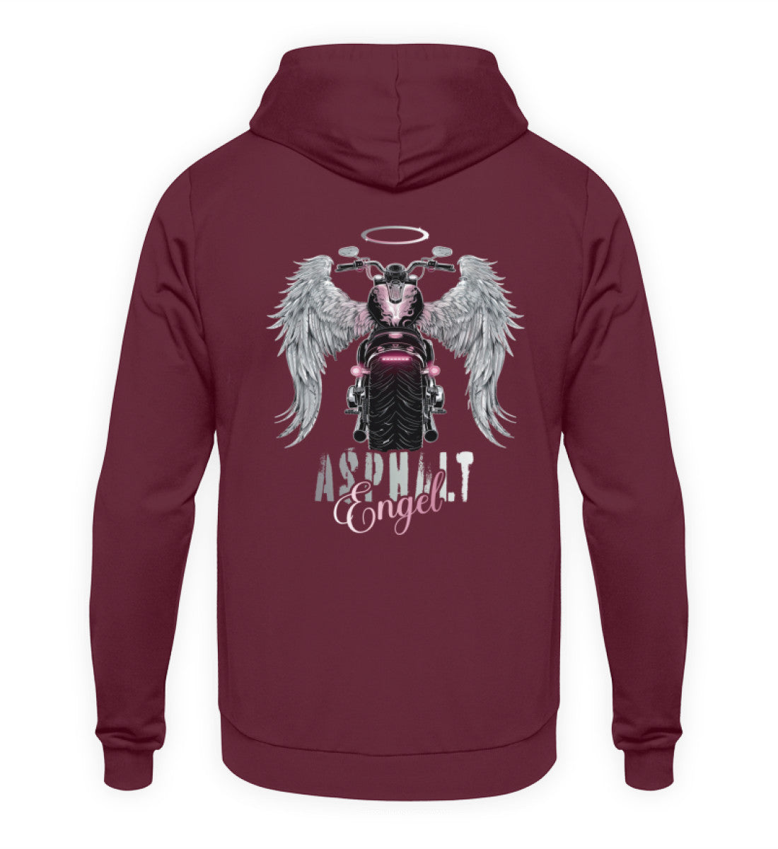 Ein Hoodie für Motorradfahrerinnen von Wingbikers mit dem Aufdruck, Asphalt Engel - mit Flügeln, als Back Print - in weinrot.