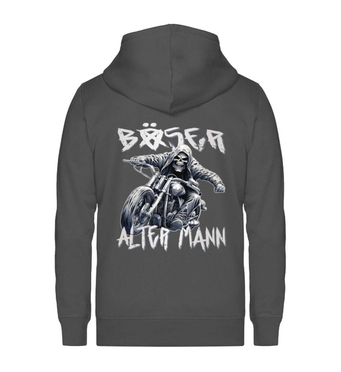Ein Reißverschluss-Jacke von Wingbikers für Motorradfahrer mit dem Aufdruck, Böser alter Mann, in dunkelgrau.