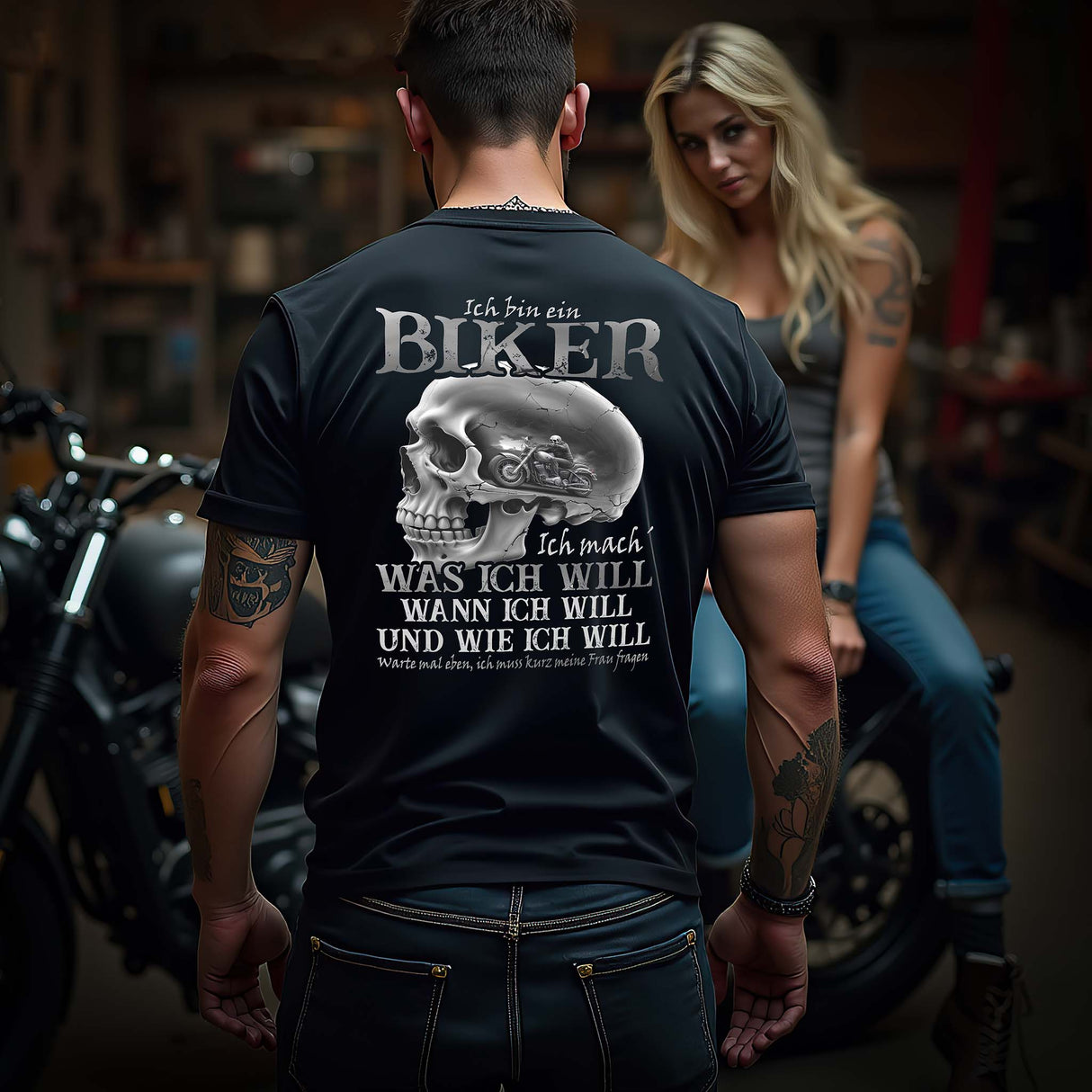 Ein Biker mit einem T-Shirt von Wingbikers, mit dem Aufdruck, Ich bin ein Biker. Ich mache was ich will, wann ich will und wie ich will, warte mal eben ich muss kurz meine Frau fragen - mit Backprint, in Schwarz.