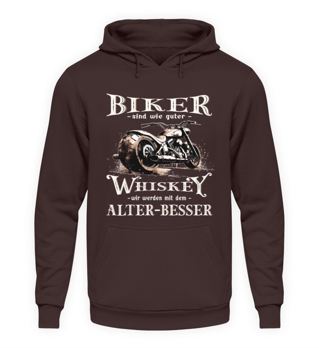 Ein Biker Hoodie von Wingbikers mit einem vintage Aufdruck, Biker sind wie gute Whiskey - wir werden mit dem Alter besser, in braun.