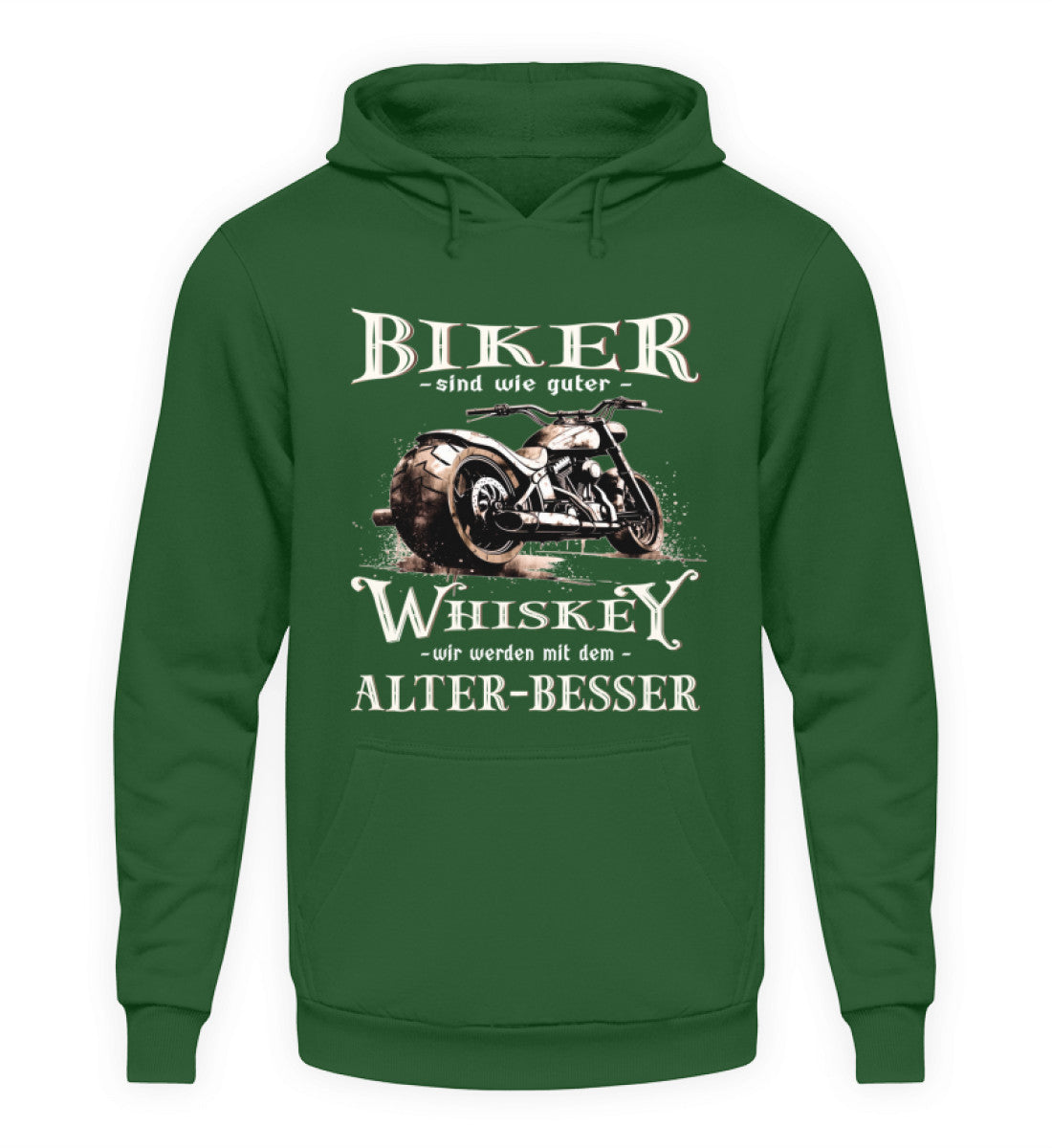 Ein Biker Hoodie von Wingbikers mit einem vintage Aufdruck, Biker sind wie gute Whiskey - wir werden mit dem Alter besser, in grün.