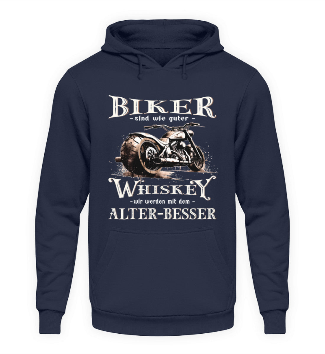 Ein Biker Hoodie von Wingbikers mit einem vintage Aufdruck, Biker sind wie gute Whiskey - wir werden mit dem Alter besser, in navy.