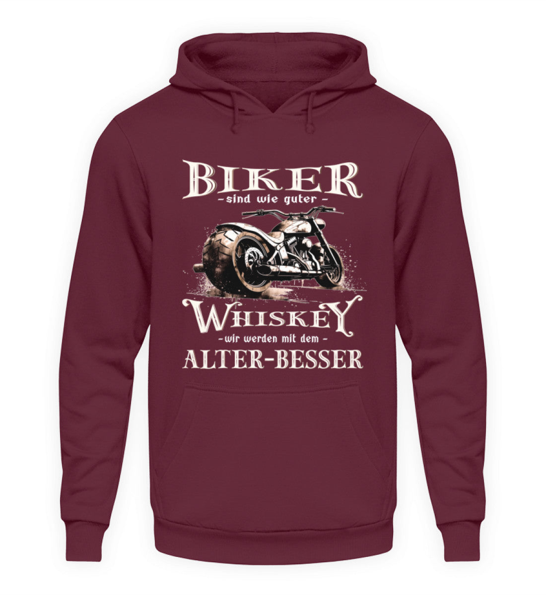 Ein Biker Hoodie von Wingbikers mit einem vintage Aufdruck, Biker sind wie gute Whiskey - wir werden mit dem Alter besser, in weinrot.