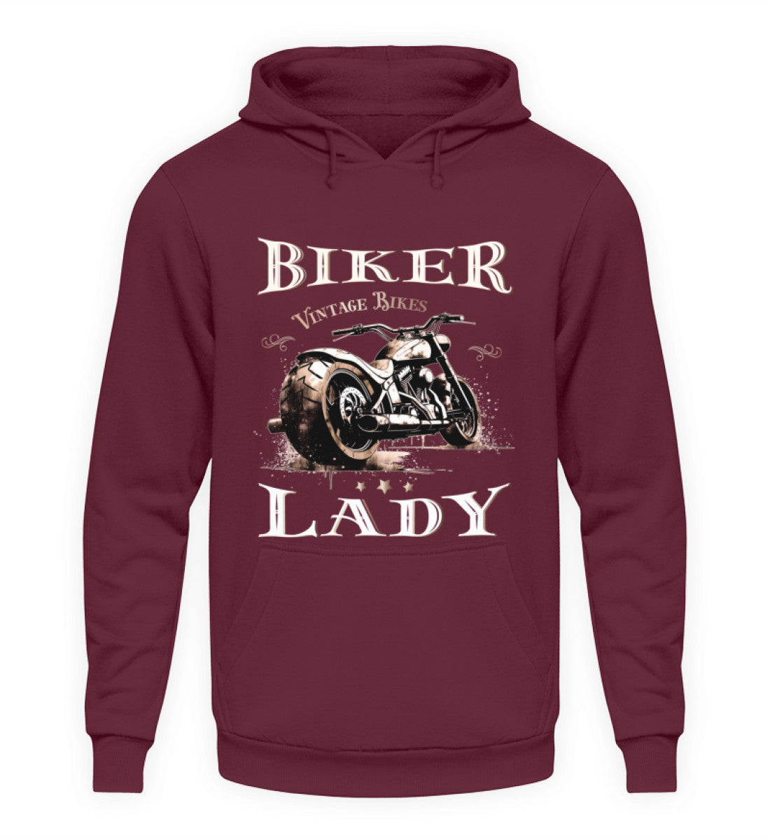 Ein Hoodie für Motorradfahrerinnen von Wingbikers mit dem Aufdruck, Biker Lady, in burgunder.
