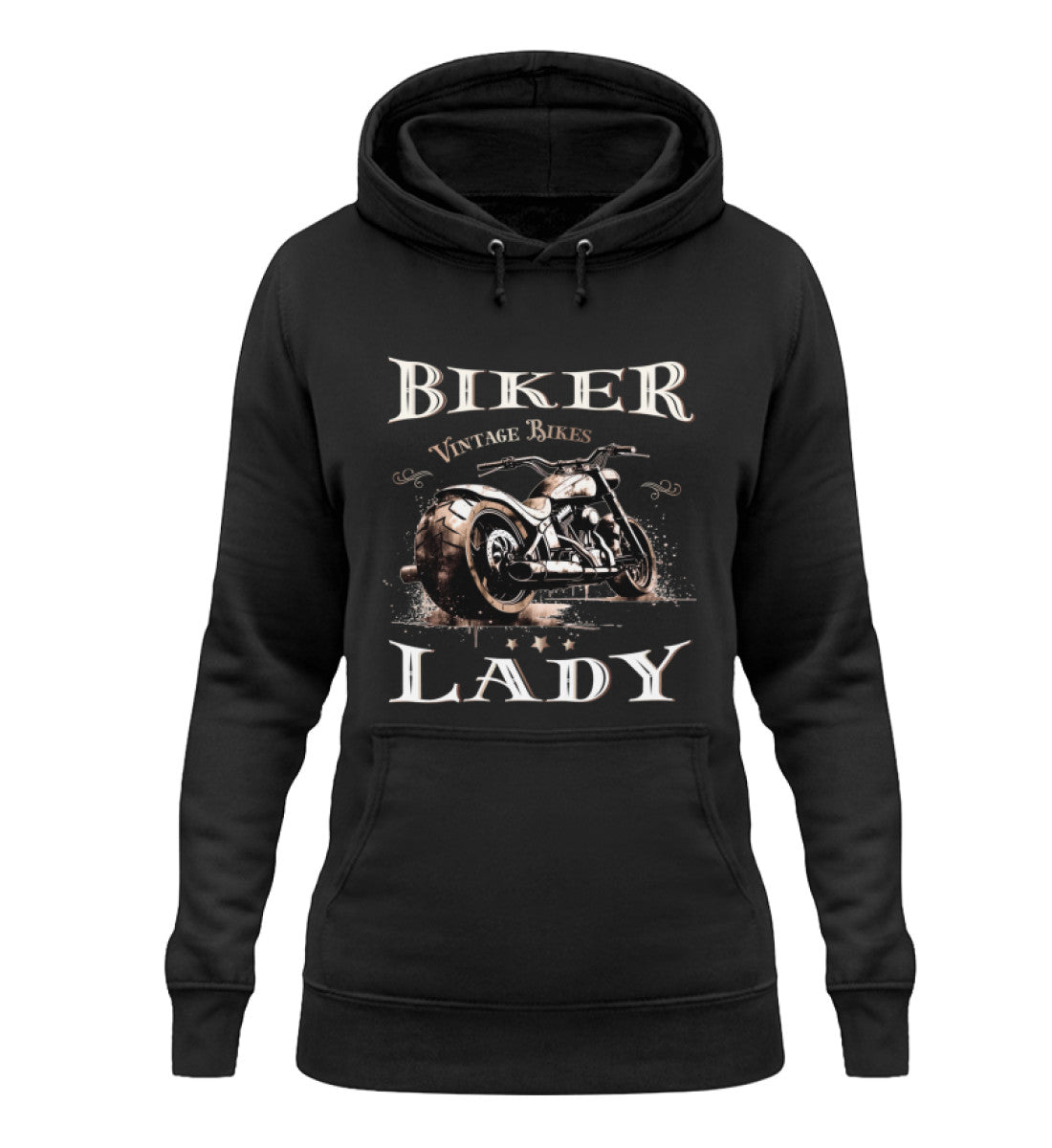 Ein Frauen Hoodie für Motorradfahrerinnen von Wingbikers mit dem Aufdruck, Biker Lady, in schwarz.
