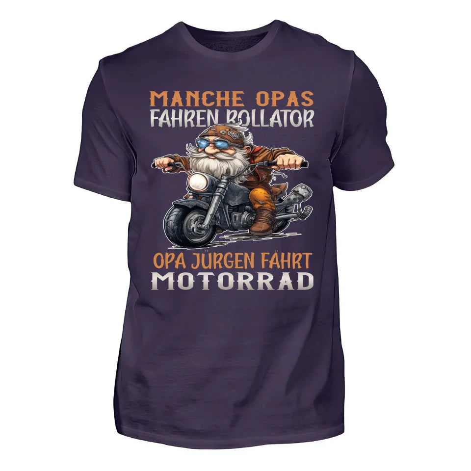 Ein Motorradshirt mit Namen personalisierbar von WingBikers mit dem Aufdruck, Manche Opas fahren Rollator, Opa ... fährt Motorrad, in aubergine.