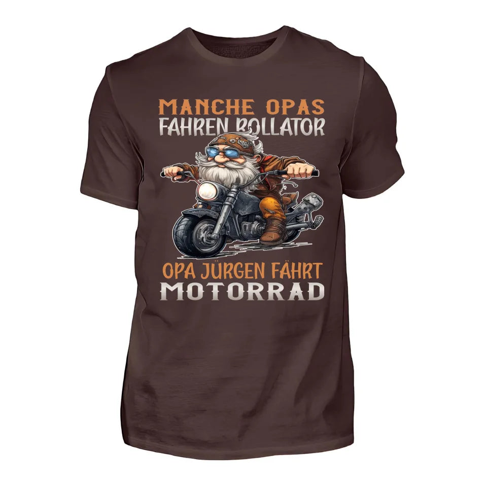 Ein Motorradshirt mit Namen personalisierbar von WingBikers mit dem Aufdruck, Manche Opas fahren Rollator, Opa ... fährt Motorrad, in braun.
