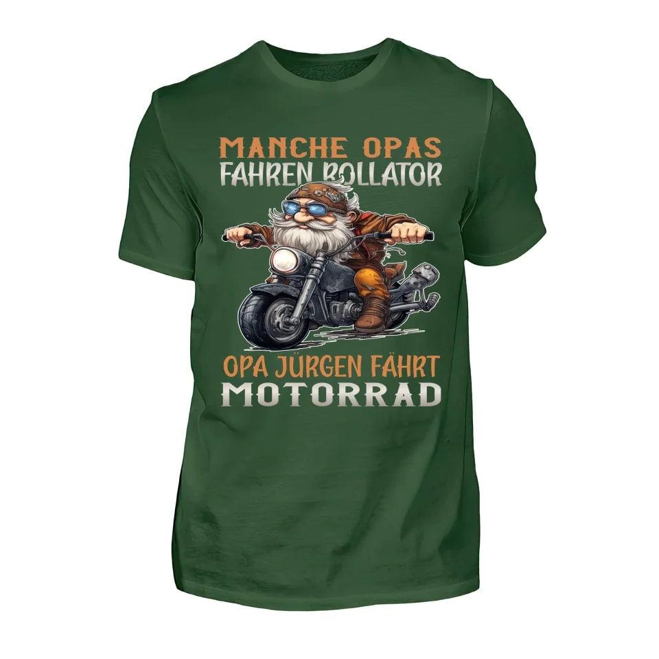 Ein Motorradshirt mit Namen personalisierbar von WingBikers mit dem Aufdruck, Manche Opas fahren Rollator, Opa ... fährt Motorrad, in grün.