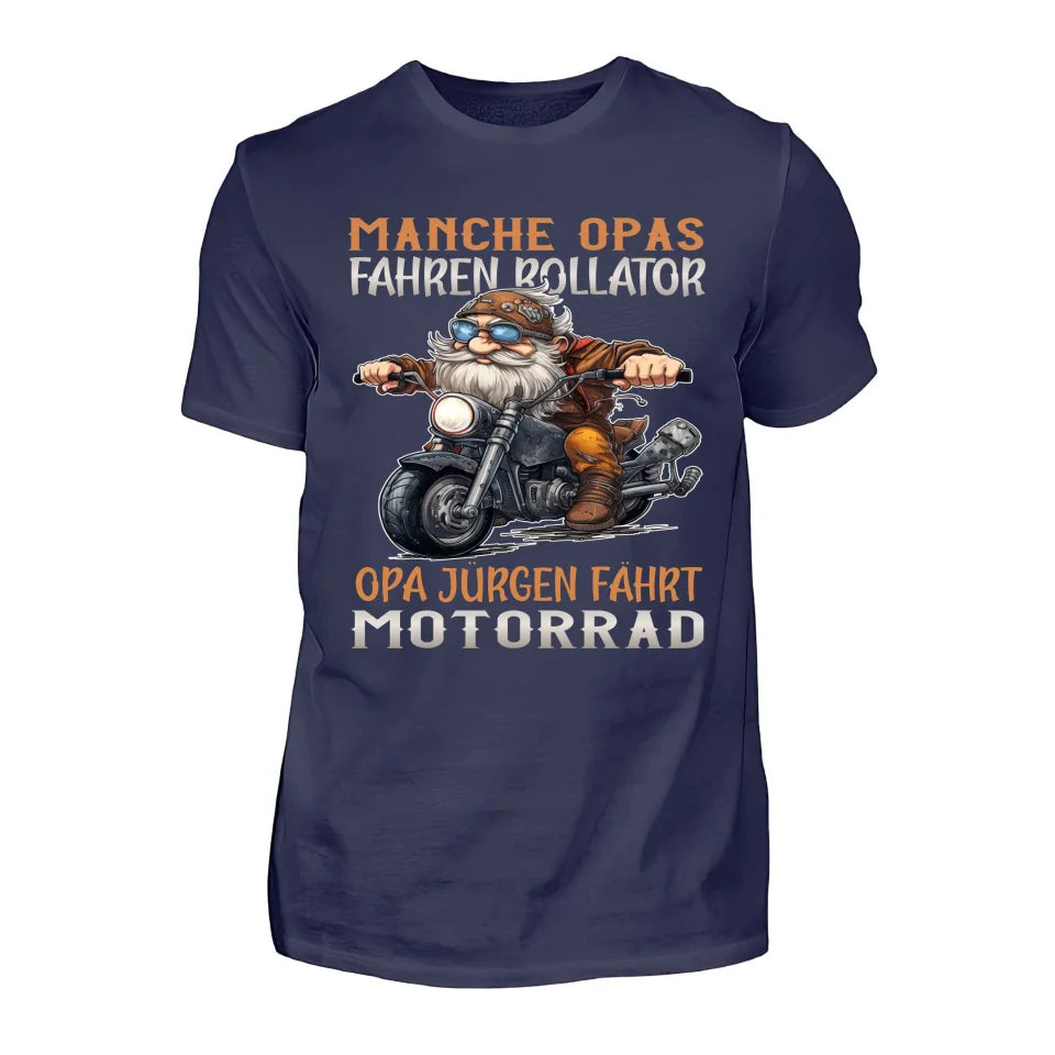 Ein Motorradshirt mit Namen personalisierbar von WingBikers mit dem Aufdruck, Manche Opas fahren Rollator, Opa ... fährt Motorrad, in navy.