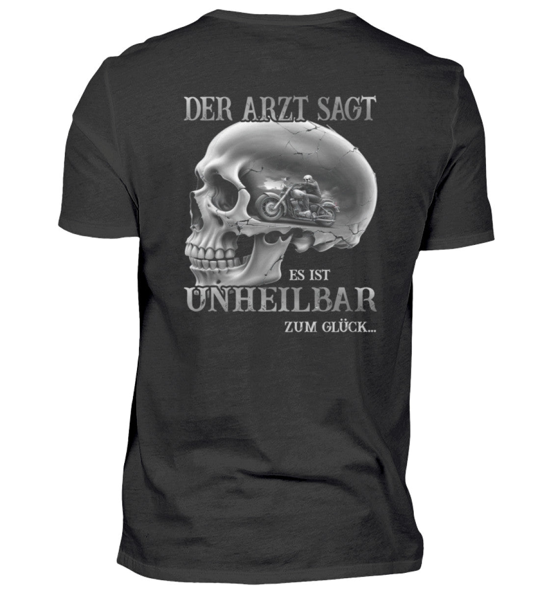 Ein Biker T-Shirt für Motorradfahrer von Wingbikers mit dem Aufdruck, Der Arzt sagt es ist unheilbar, in schwarz, Ansicht von Hinten.