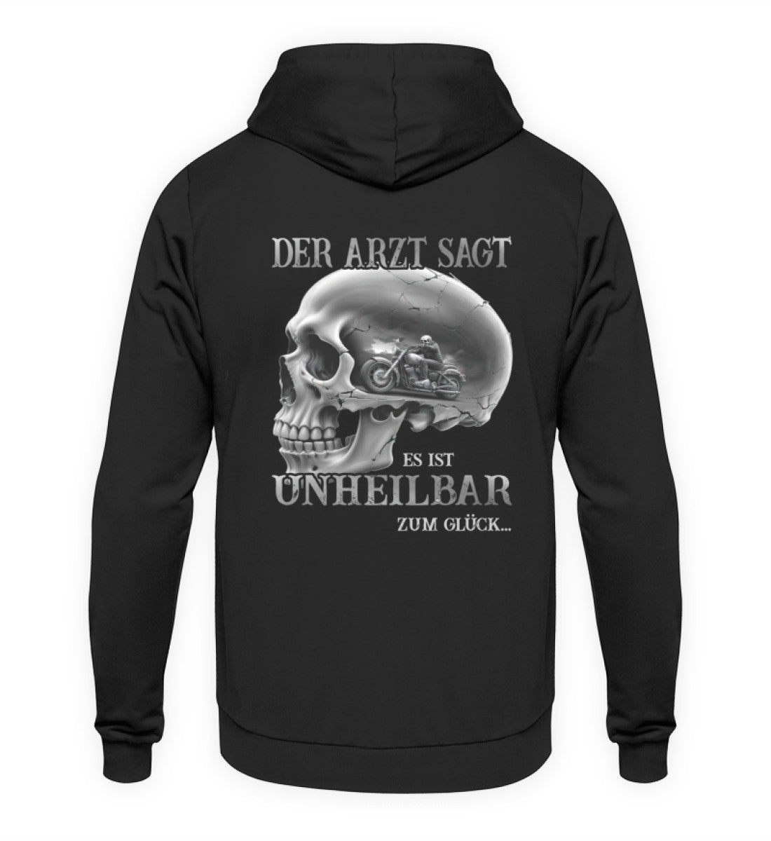 Ein Biker Hoodie für Motorradfahrer von Wingbikers mit dem Aufdruck, Der Arzt sagt, es ist unheilbar - Zum Glück!, in schwarz, Ansicht von Hinten.