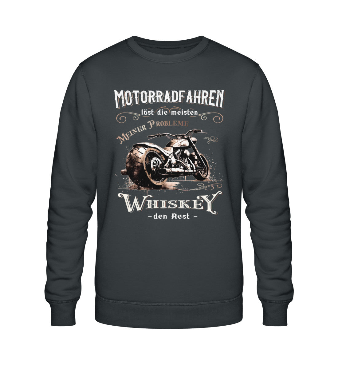 Ein Biker Sweatshirt für Motorradfahrer von Wingbikers mit dem Aufdruck, Motorradfahren löst die meisten meiner Probleme - Whiskey den Rest - in dunkelgrau.
