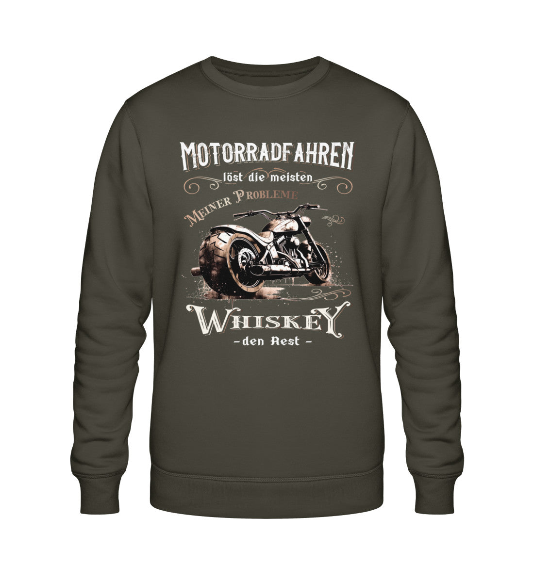 Ein Biker Sweatshirt für Motorradfahrer von Wingbikers mit dem Aufdruck, Motorradfahren löst die meisten meiner Probleme - Whiskey den Rest - in khaki.
