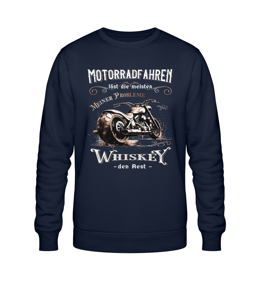Ein Biker Sweatshirt für Motorradfahrer von Wingbikers mit dem Aufdruck, Motorradfahren löst die meisten meiner Probleme - Whiskey den Rest - in navy.