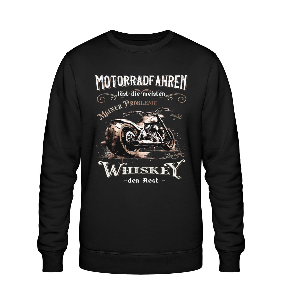 Ein Biker Sweatshirt für Motorradfahrer von Wingbikers mit dem Aufdruck, Motorradfahren löst die meisten meiner Probleme - Whiskey den Rest - in schwarz.
