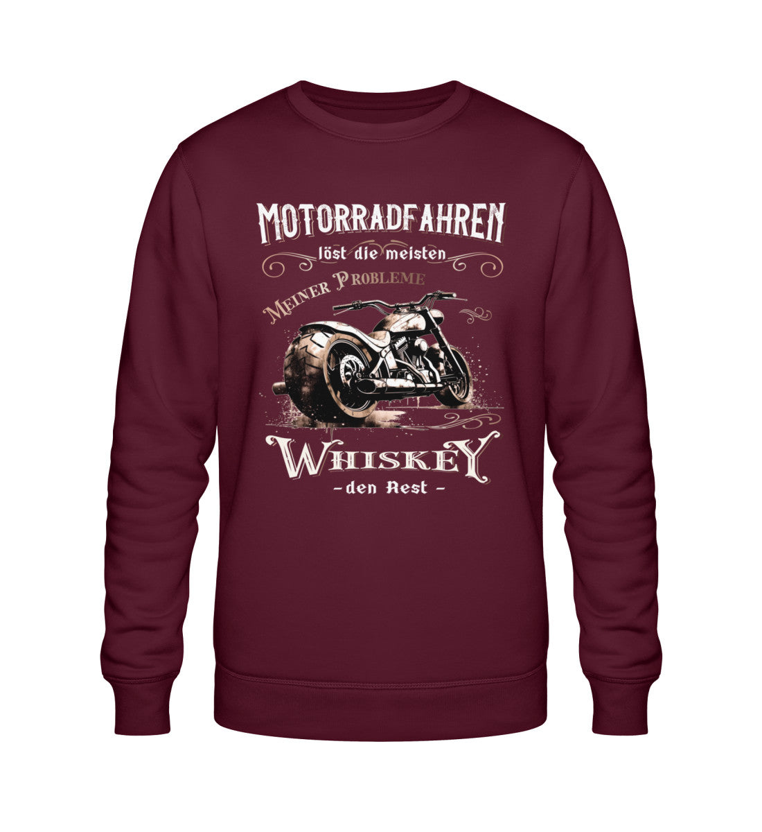 Ein Biker Sweatshirt für Motorradfahrer von Wingbikers mit dem Aufdruck, Motorradfahren löst die meisten meiner Probleme - Whiskey den Rest - in burgunder.