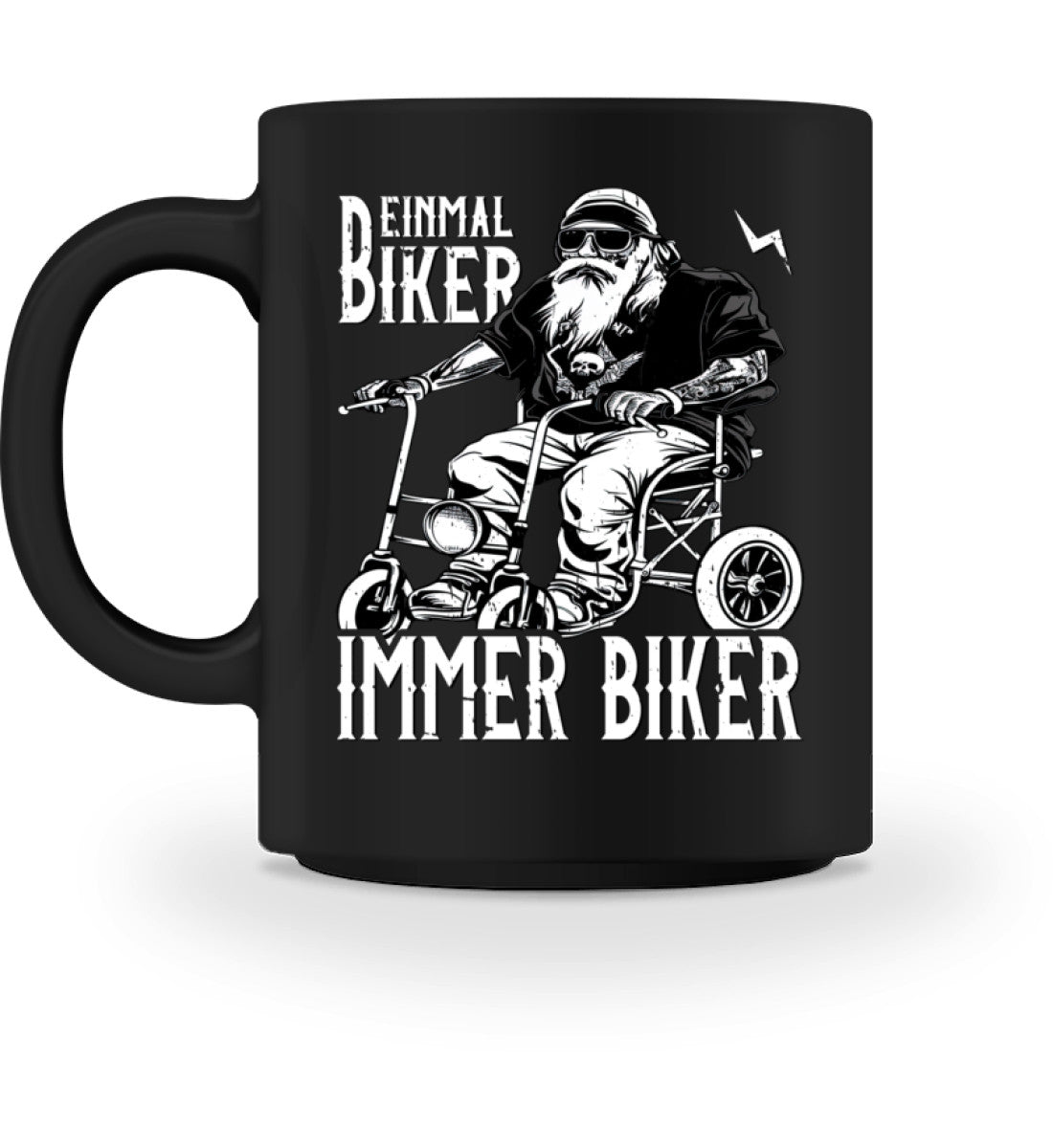 Eine Biker Tasse für Motorradfahrer, von Wingbikers, mit dem beidseitigen Aufdruck, Einmal Biker - immer Biker, in schwarz.